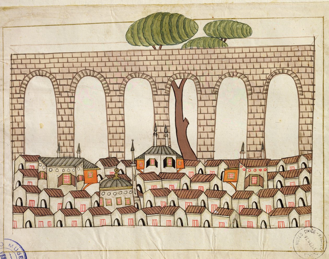 Paní cicogna 1971, miniatura z „Memory Turchese“ zobrazující velký akvadukt v Konstantinopoli od Venetian School