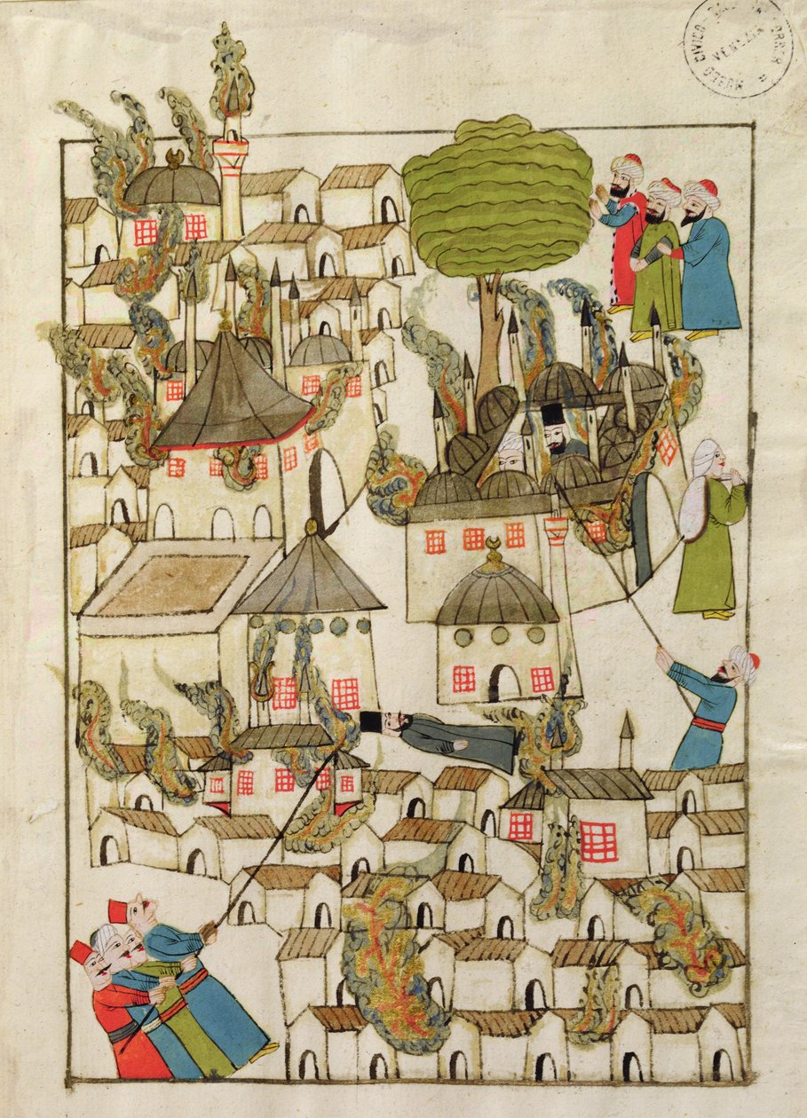 Ms. cicogna 1971, miniatura z "Memorie Turchesche" zobrazující velký požár v Konstantinopoli v roce 1660. od Venetian School