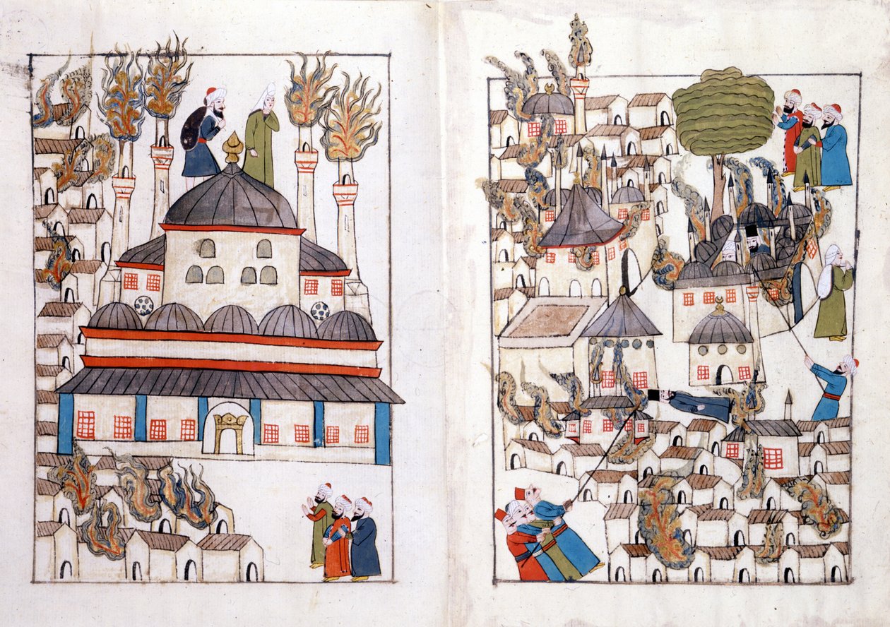 Požár v Konstantinopoli v roce 1660. Miniatura z „tureckých památníků“ (kodex Cicogna 1971 „Memorie Turchesche“) Akvarel z benátské školy ze 17. století. od Venetian School