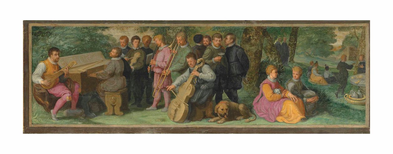 Pastýřský koncert s elegantními postavami hrajícími na cittern, klavichord, housle, kornet, pozoun a violoncello (olej na desce) od Venetian School