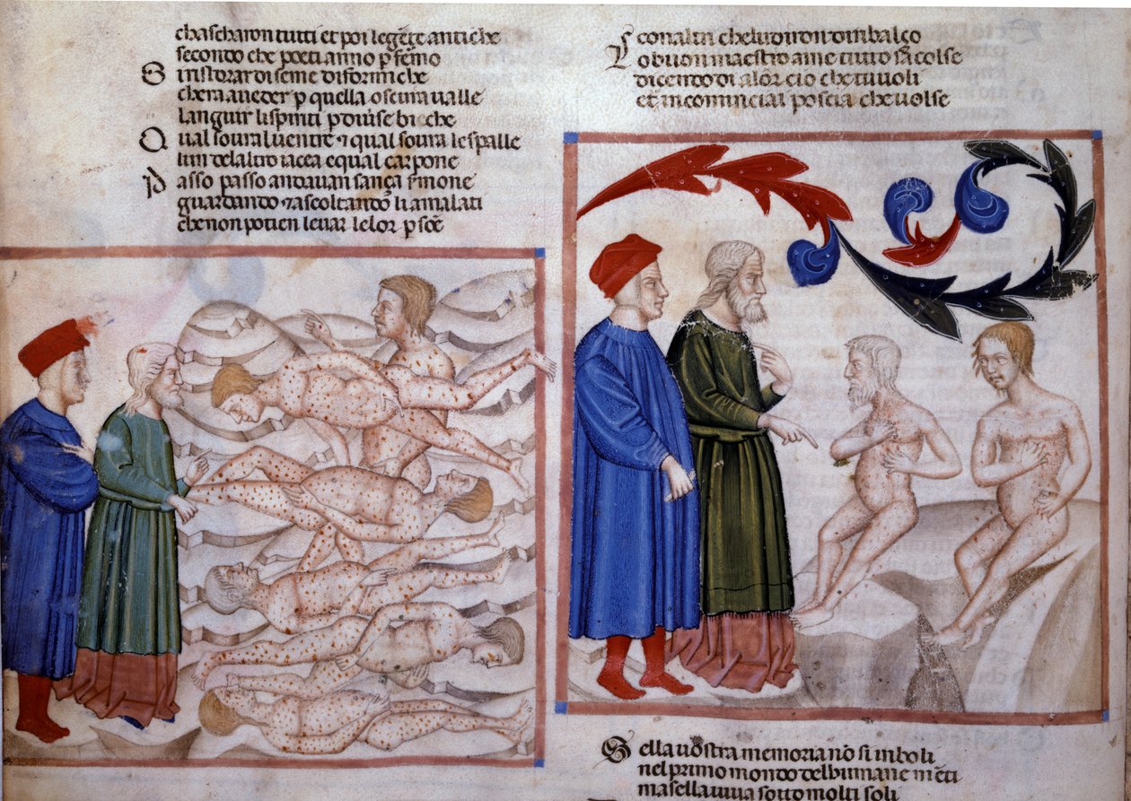 Dante a Vergilius v rozhovoru s Grifolinem z Arezza a Capocchiem ze Sieny. 14. století (miniatura) od Venetian School