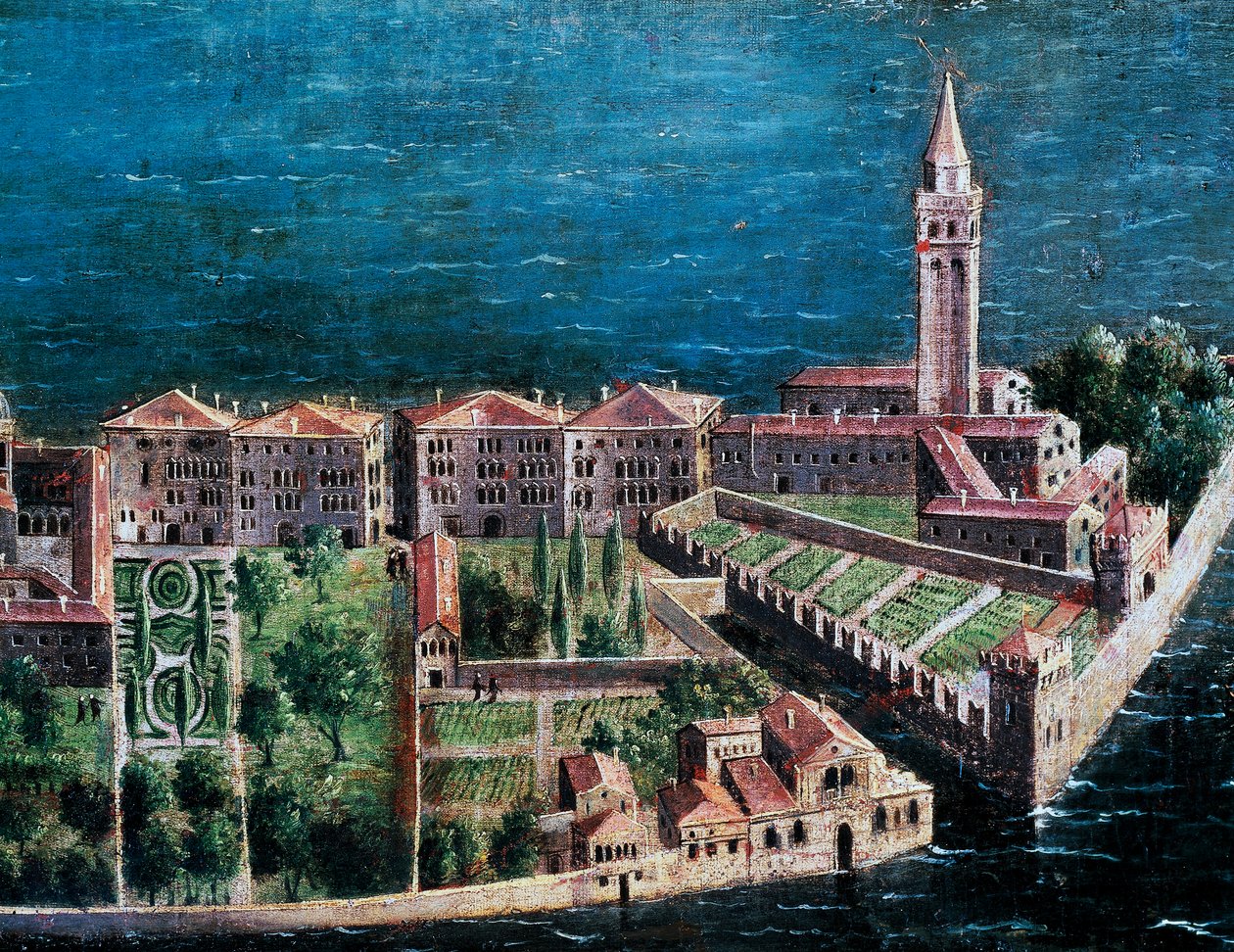 Zahrada vedle kostela Spasitele, detail z ptačí perspektivy na Benátky, obraz benátské školy, Itálie od Venetian School