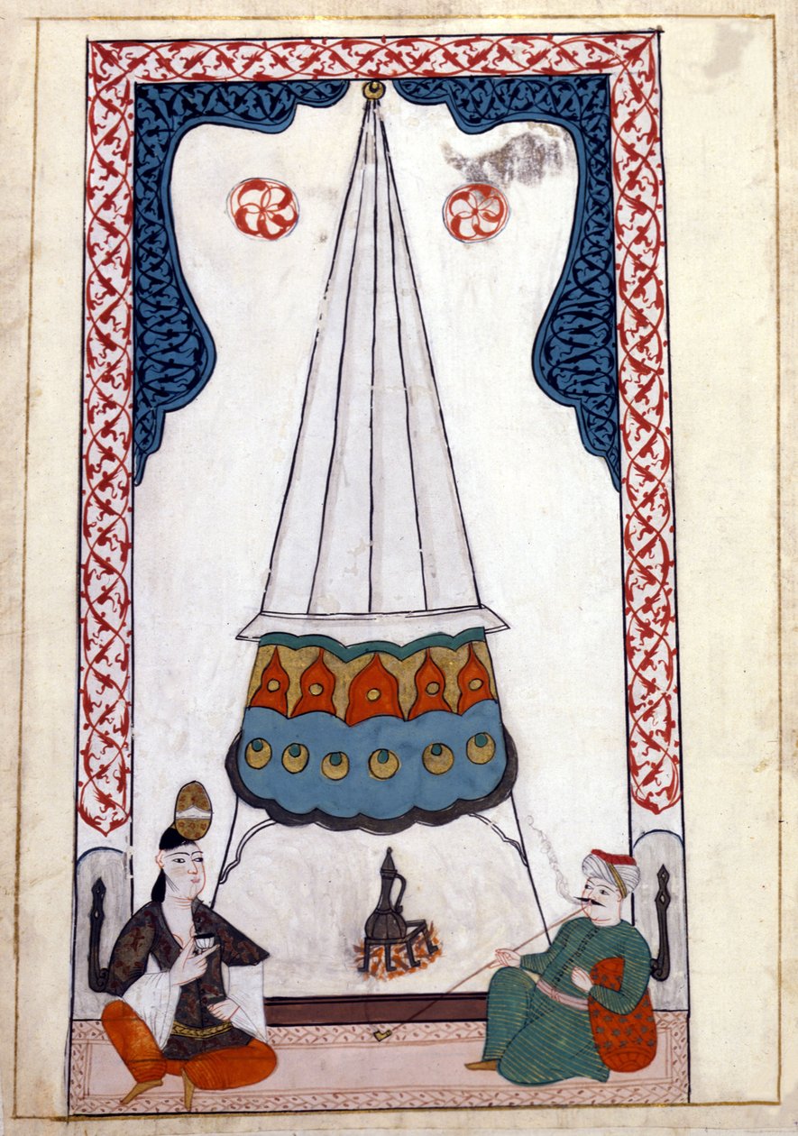 Vnitřní pohled na rezidenci v Turecku pod Osmanskou říší. Miniatura z „tureckých památníků“ (kodex Cicogna 1971 „Memorie Turchesche“) Akvarel z benátské školy ze 17. století. od Venetian School