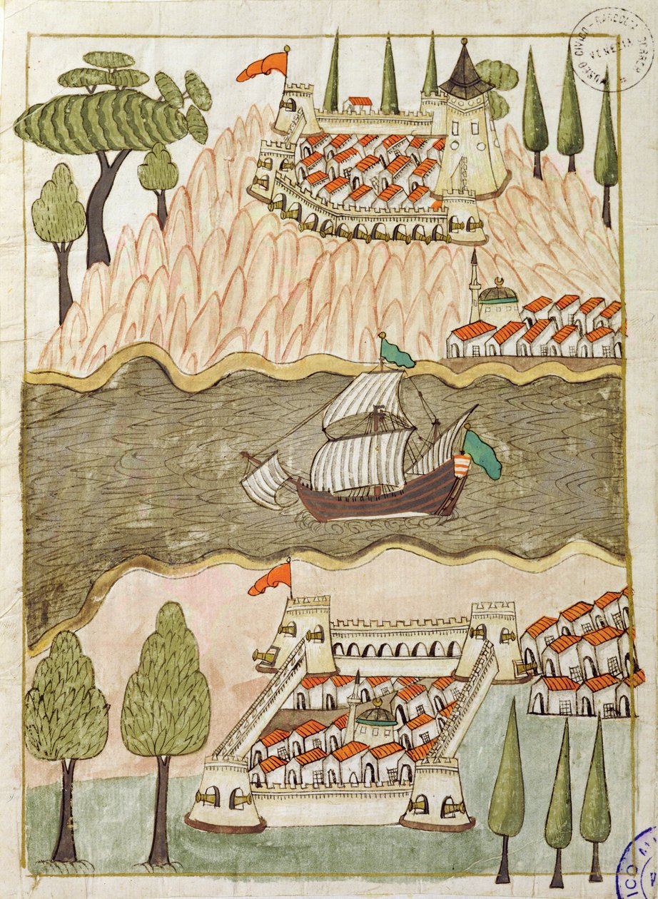 Paní cicogna 1971, miniatura z „Memory Turchese“ zobrazující dvě velké pevnosti na Bosporu (pero a inkoust na papíře) od Venetian School