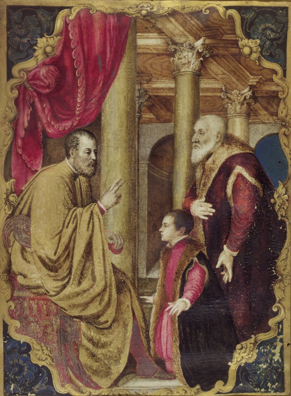Benátský senátor nebo dóže představuje svého syna svému patronovi (olej na papíře položený na panelu) od Venetian School