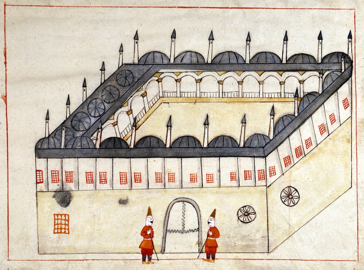 Pohled zvenčí na karavanu v Andrinopoli (nyní Edirne) v Turecku pod Osmanskou říší. Miniatura z „tureckých památníků“ (kodex Cicogna 1971 „Memorie Turchesche“) Akvarel z benátské školy ze 17. století. od Venetian School