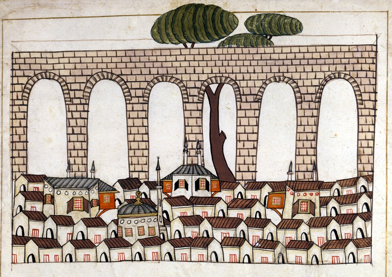 Pohled na Konstantinopol a jeho akvadukt. Miniatura z „tureckých památníků“ (kodex Cicogna 1971 „Memorie Turchesche“) Akvarel z benátské školy ze 17. století. od Venetian School