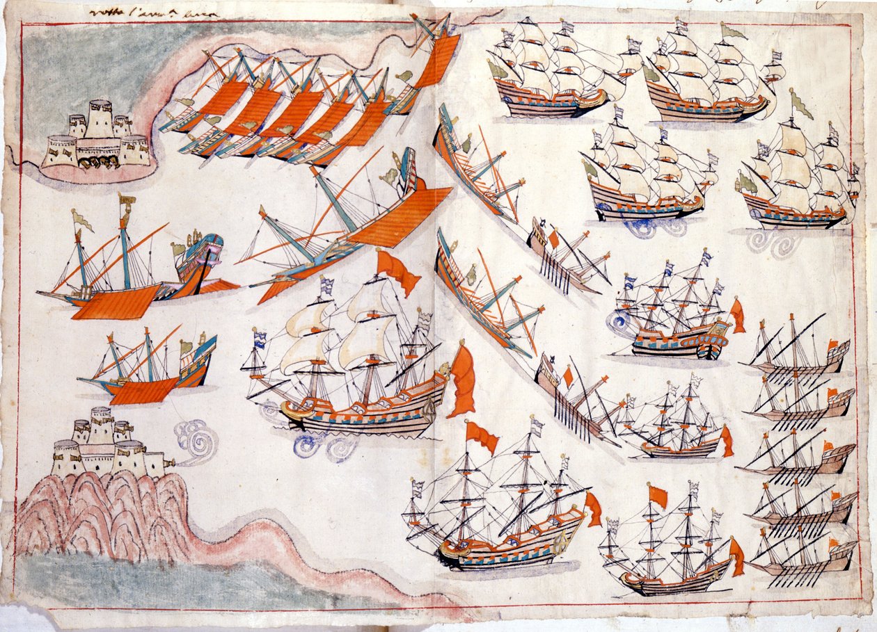 Válka mezi Benátkami a Osmanskou říší: Bitva o Dardanely, která viděla vítězství benátského kapitána Lorenza Marcella v roce 1655 (akvarel) od Venetian School