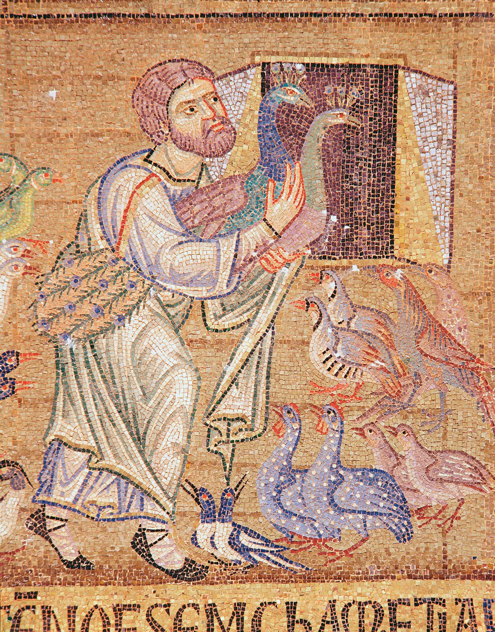 Potopa, z atria, detail Noema nasazujícího pávy na archu (mozaika) od Byzantine School