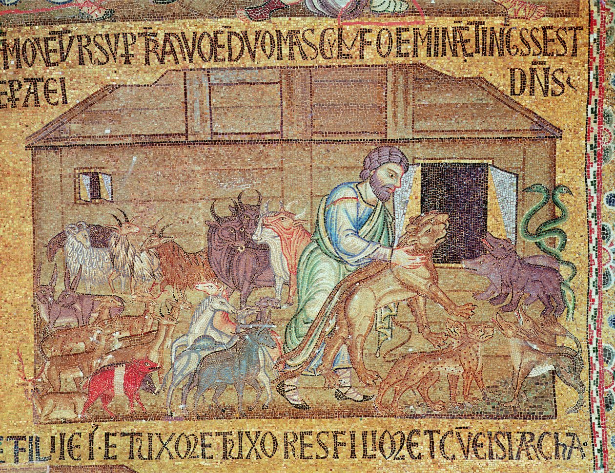 Potopa, z atria, detail Noema, jak dává divoká zvířata na archu (mozaika) od Byzantine School