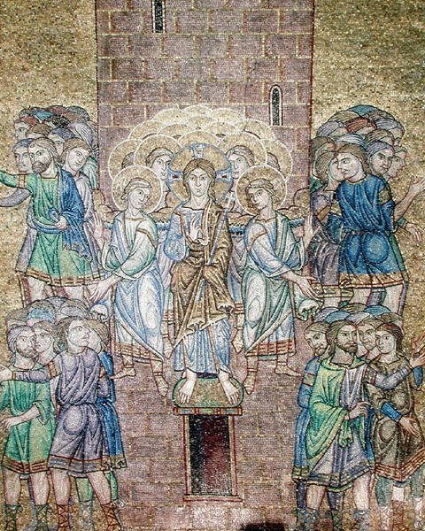 Babylonská věž, detail Krista a svatých rozhánějících dělníky od Byzantine School