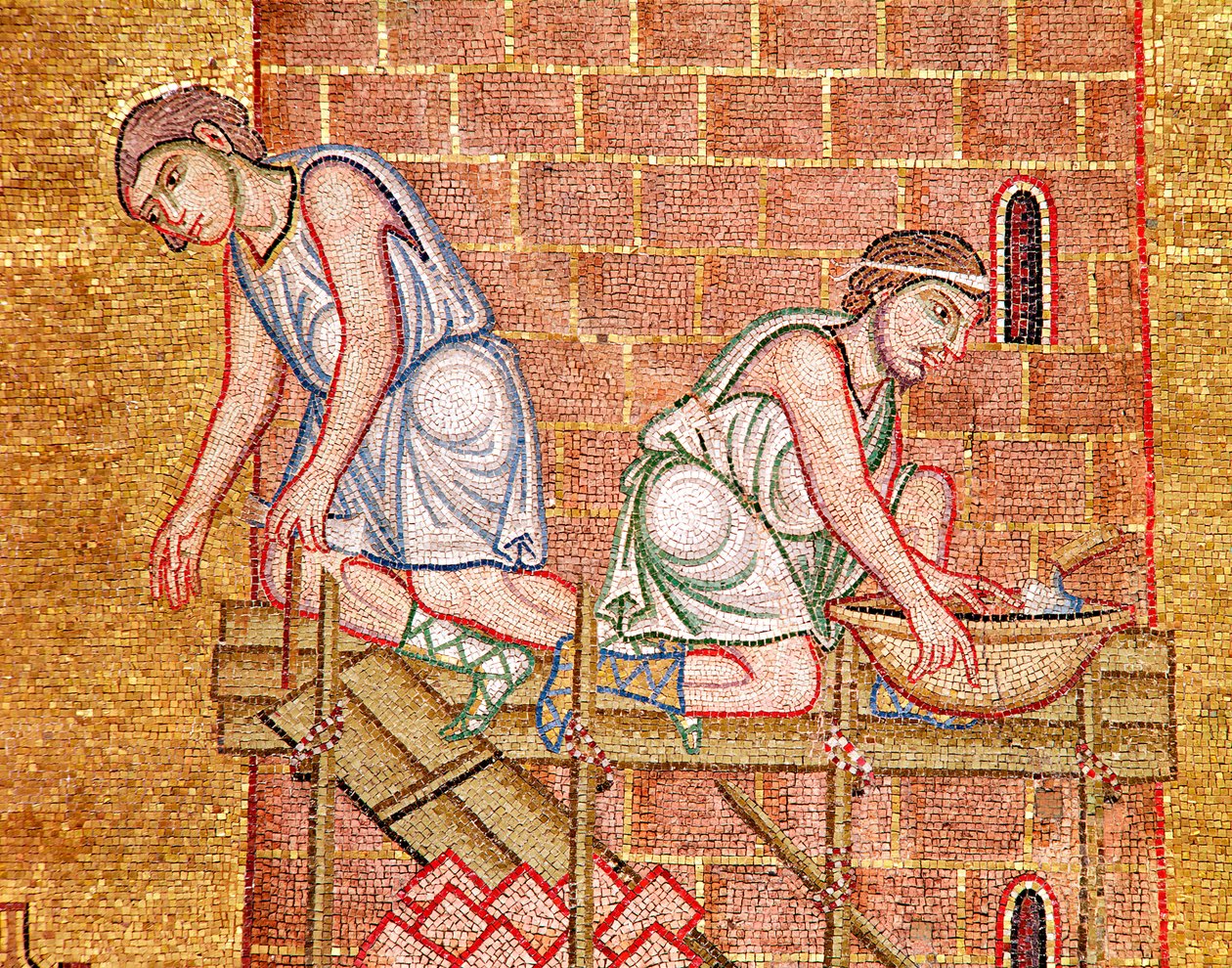Babylonská věž, z atria, detail dvou stavitelů (mozaika) od Byzantine School