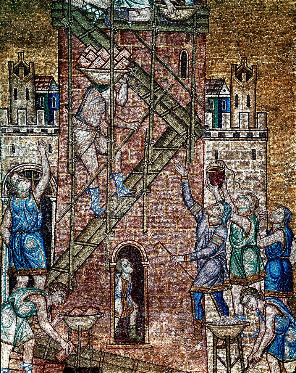 Byzantská architektura: ""stavba babylonské věže""" Na místě dělníci maconi, upevnění na lešení, položili kameny věže. Mozaika od benátských umělců 13. století Basilica di San Marco (Bazilika sv. Marka), Benátky od Veneto Byzantine School