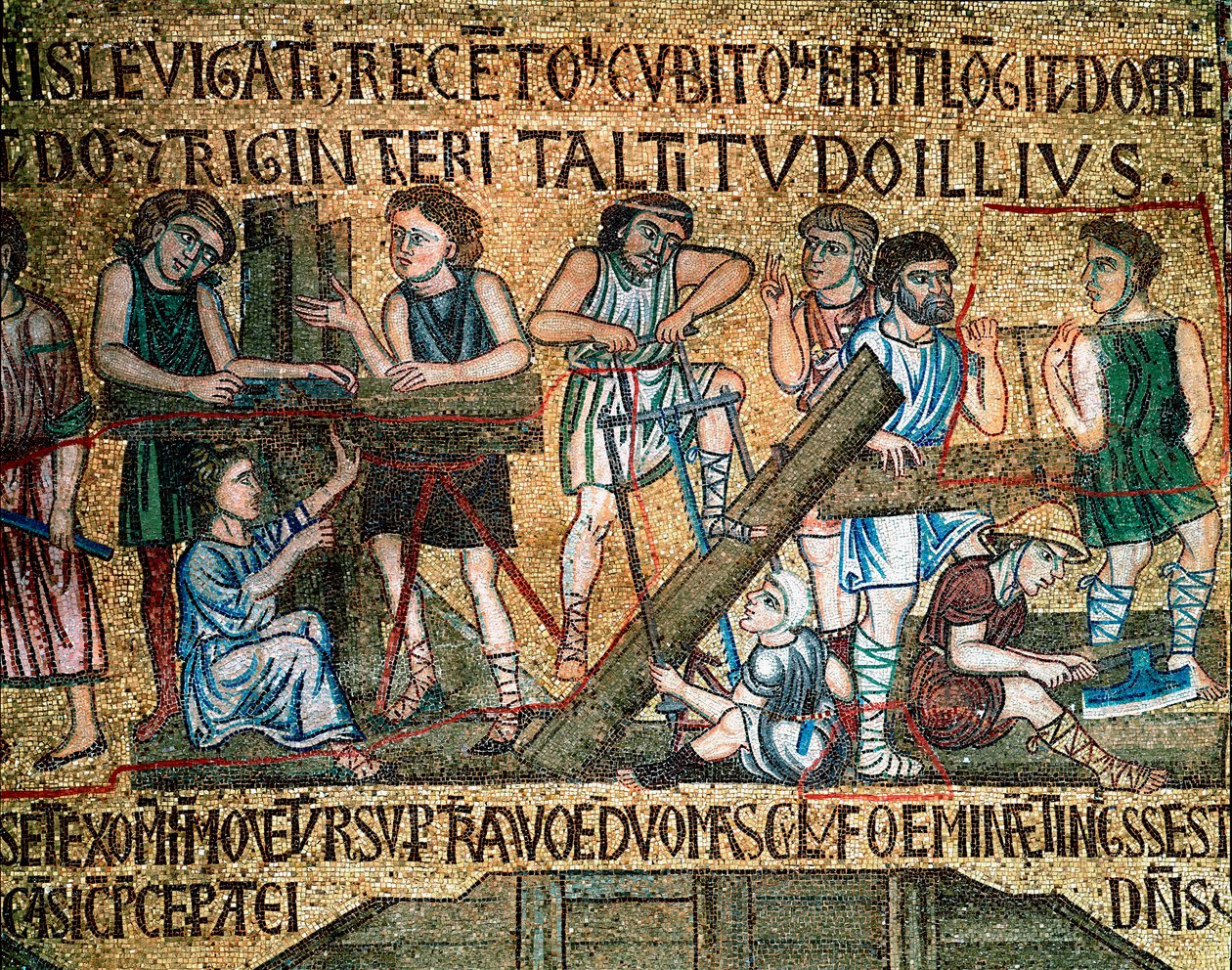 Byzantská architektura: „“stavba babylonské věže““ Na místě řezali dělníci a tesaři prkna. Mozaika od benátských umělců Basilica di San Marco ze 13. století od Veneto Byzantine School