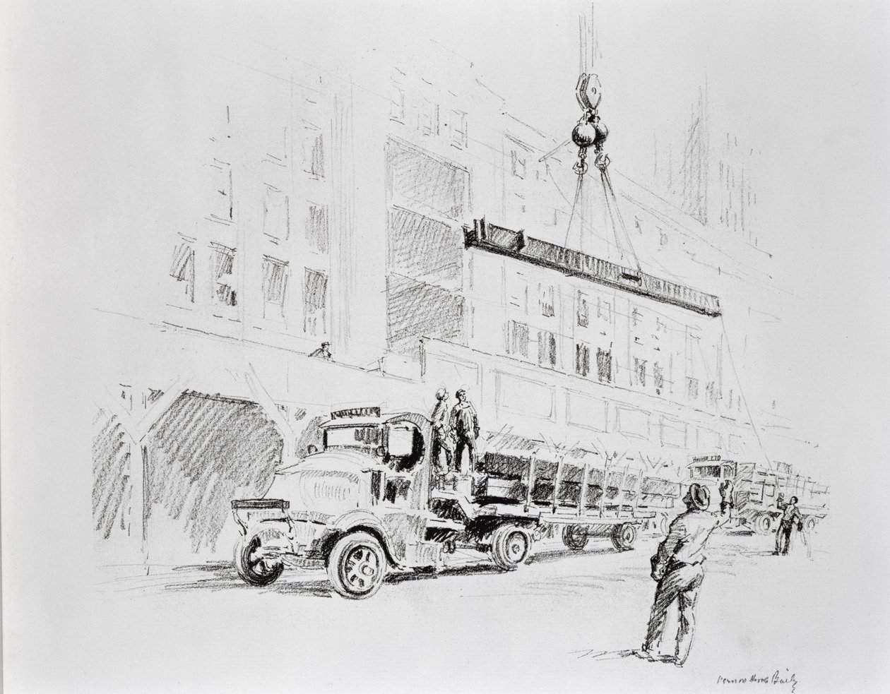 Ocelový nosník vytahovaný z náklaďáku, který se má použít při stavbě Empire State Building, publikoval William Edwin Rudge od Vernon Howe Bailey
