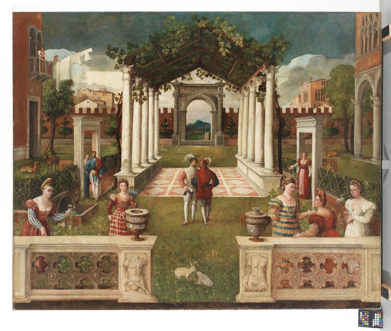 Klasická architektonická zahrada s elegantními postavami, hornatá krajina za ní, c. 1530 (olej na plátně) od Veronese School
