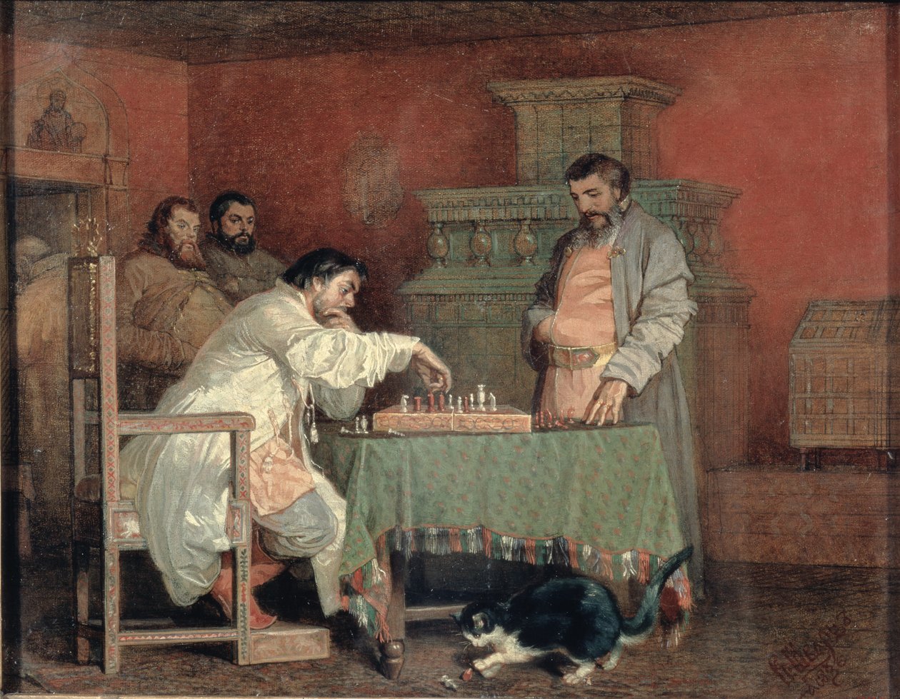 Scéna ze života ruského cara: Hraní šachů, 1865 od Viatcheslav Grigorievitch Schwarz