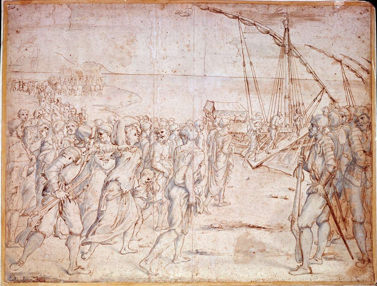 Deportace Morisques ze Španělska (Muslimové ze Španělska násilně konvertovali ke katolicismu) po podepsání smlouvy španělským Filipem III. dne 22. 9. 1609. Kresba Vincencio Carducho (1576-1638) od Vicente Carducho