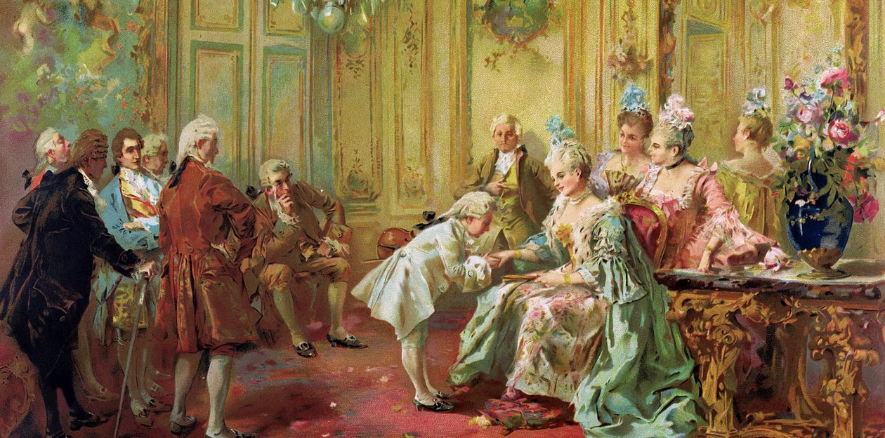 Wolfang Amadeus Mozart (1756-1791) u Madame (Marquise) de Pompadour (Mozartova rodina, během evropského turné) (1763-1766) - Akademické umění: Prezentace mladého Mozarta Madame de Pompadour ve Versailles v roce 1763 Paredesem, Vicente Gar od Vicente Garcia de Parades