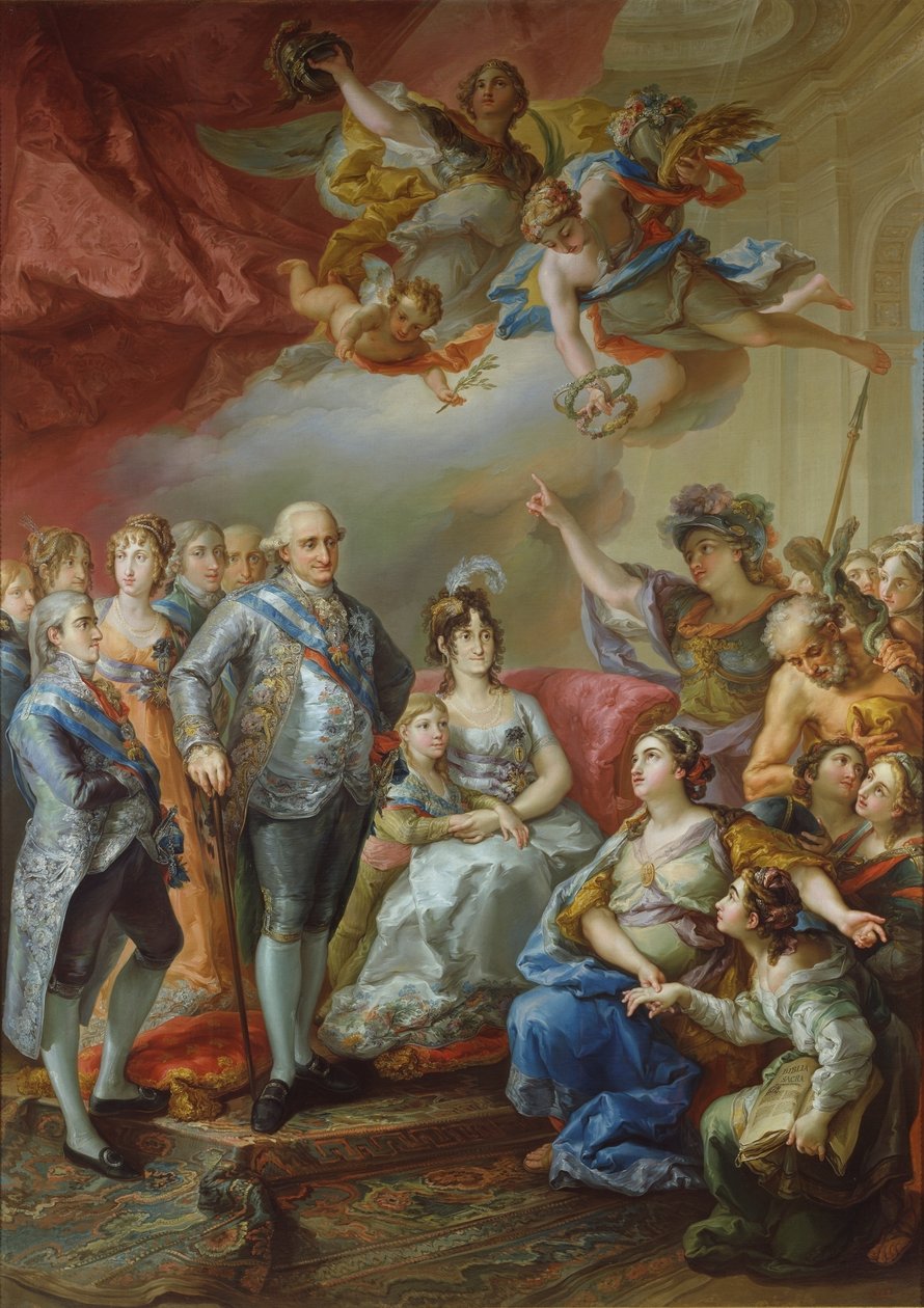 Španělština: Památka návštěvy Karla IV. a jeho rodiny na univerzitě ve Valencii v roce 1802. Městská literární univerzita věnovala panovníkovi tento obraz, na němž je zobrazena samotná univerzita, ztělesněná mladou matronou, která panovníkovi předává obraz od Vicente López Portaña
