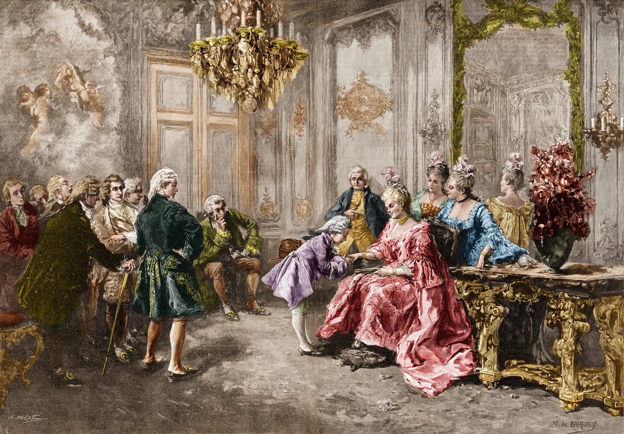 Wolfgang Amadeus Mozart (1756-1791) u Madame (Marquise) de Pompadour (Mozartova rodina, během turné po Evropě) (1763-1766). Rytina podle obrazu M. V. de Paredes. od Vicente de (after) Paredes