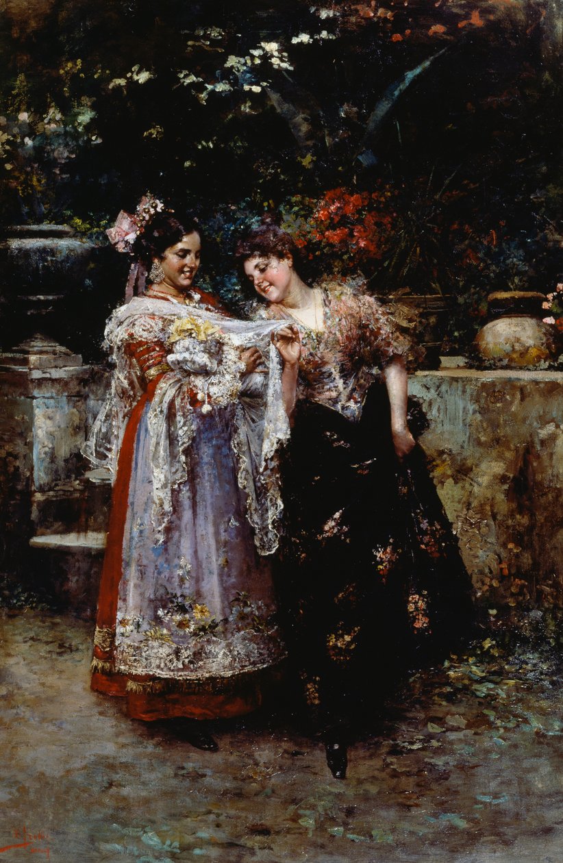 Krásná krajka (Dvě ženy s novorozencem), Vincenzo Irolli (1860-1949), olej na plátně od Vicenzo Irolli
