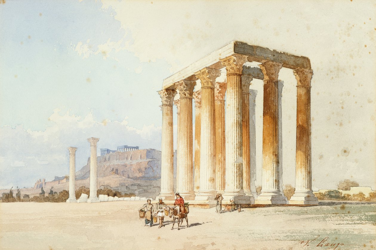 Diův chrám s Akropolí, Parthenon, Athény (akvarel a tělová barva) od Vicenzo Lanza