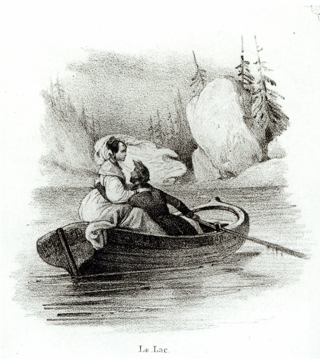 Alphonse de Lamartine (1790-1869) and Elvire on the Lake at Bourget, engraved by Alfred Lemercier   od Victor Adam