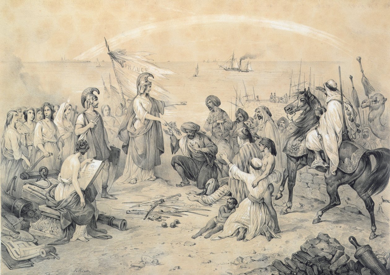 "Dobytí a civilizace", alegorie francouzské invaze do Alžírska 5. července 1830, asi 1830-40. od Victor Adam