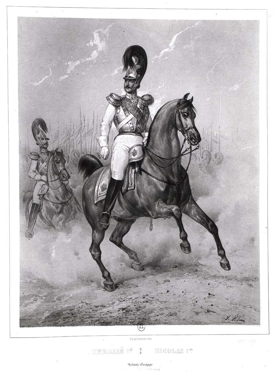 Portrét Mikuláše I. Pavloviče (1796-1855) na koni se svou armádou od Victor Adam