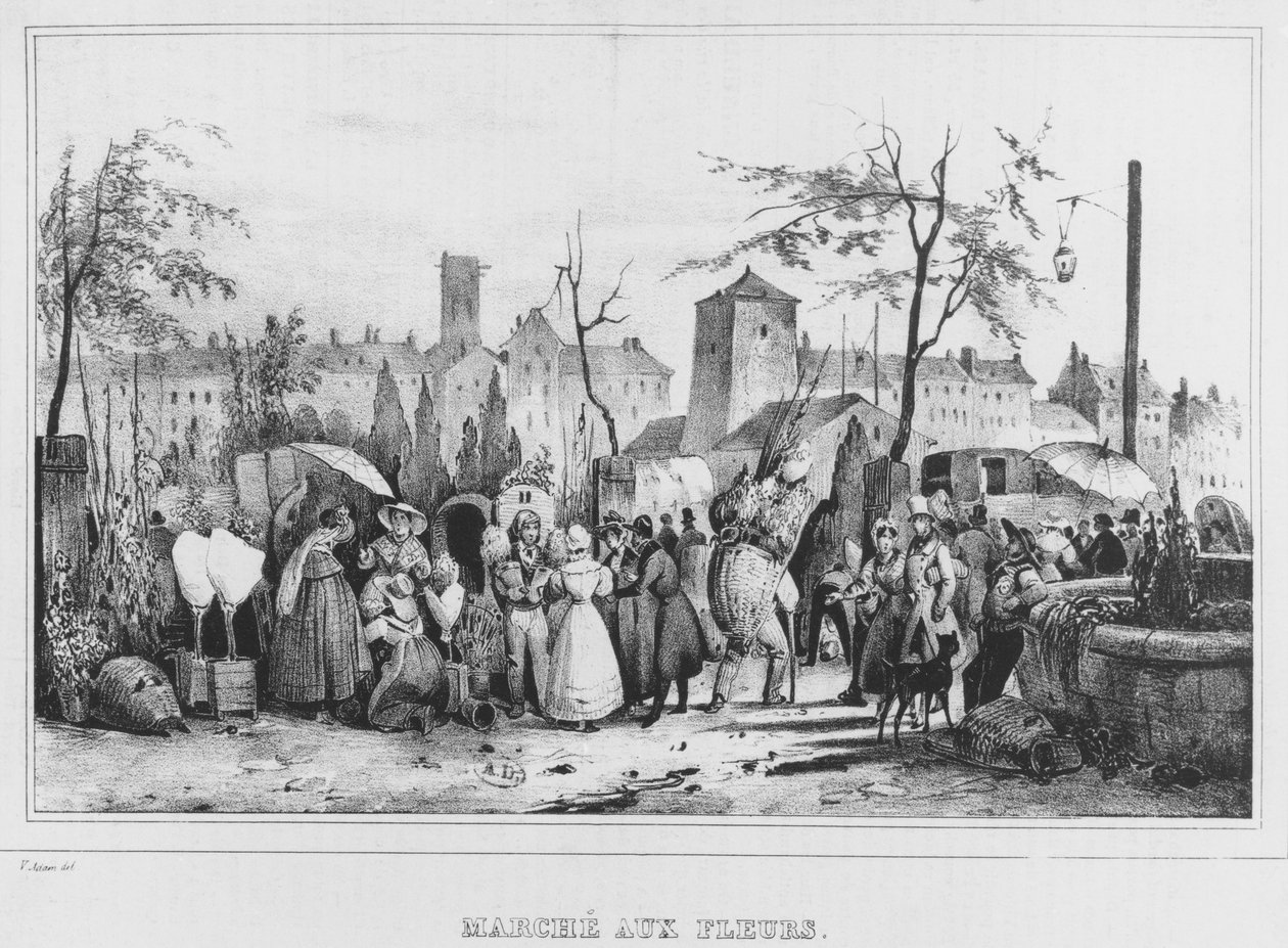 Květinový trh v Paříži, 1834 od Victor Adam