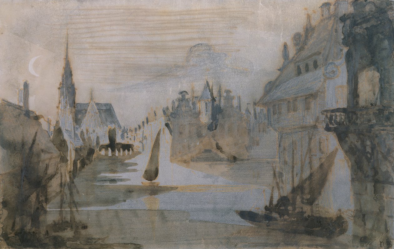 Přístav ve Flandrech (pero a inkoust, tužka a mytí na papíře) od Victor Hugo