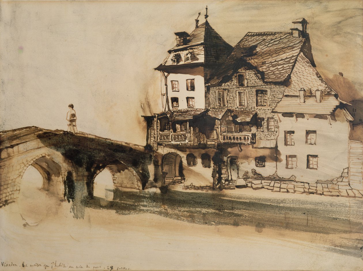 Dům, kde žiji u mostu ve Viandenu, 28. července 1871 (pero, inkoust a mytí na papíře) od Victor Hugo
