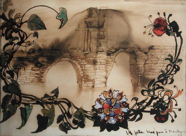 The Old Bridge at Vianden, 1871 (pero, inkoust a wc na papíře) od Victor Hugo
