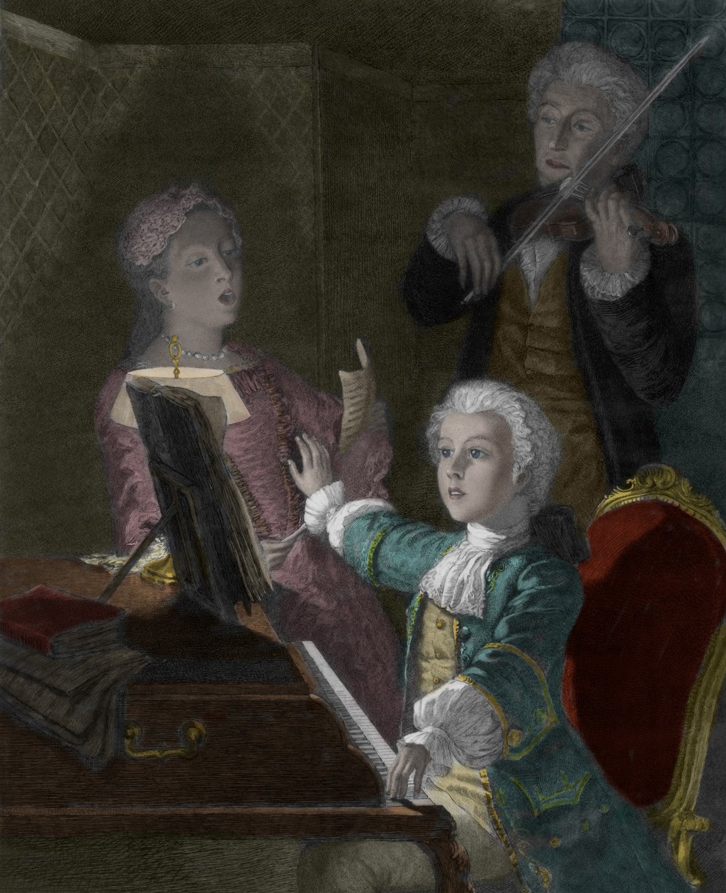 Wolfgang Amadeus Mozart se svým otcem, Leopoldem a sestrou Marie-Anne od Victor Louis Focillon