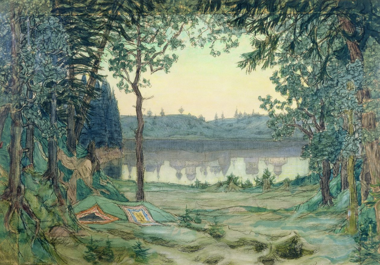 Scénický návrh pro Rimského-Korsakova „Legenda o neviditelném městě Kitezh“, 1907 (wc, stříbro a bronz na papíře) od Victor Mikhailovich Vasnetsov