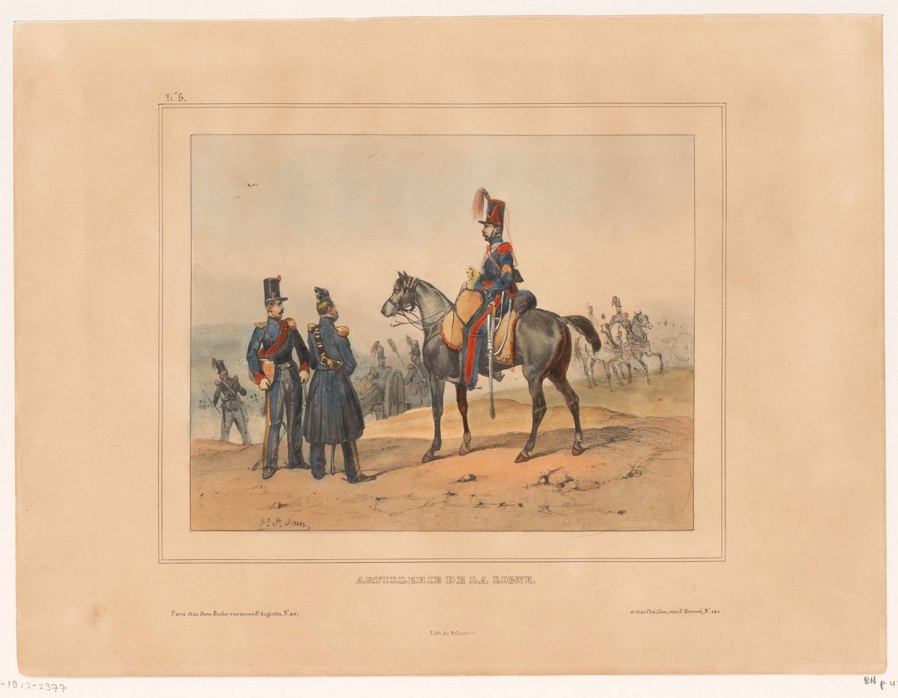 van de liniové dělostřelectvo Čárové dělostřelectvo (název na objektu) Military rangen en kostuums van het Franse leger v roce 1832 (název série) Sbírka vojenských kostýmů, francouzská armáda 1832, zastoupená v žánrových tématech (název série) od Victor Adam