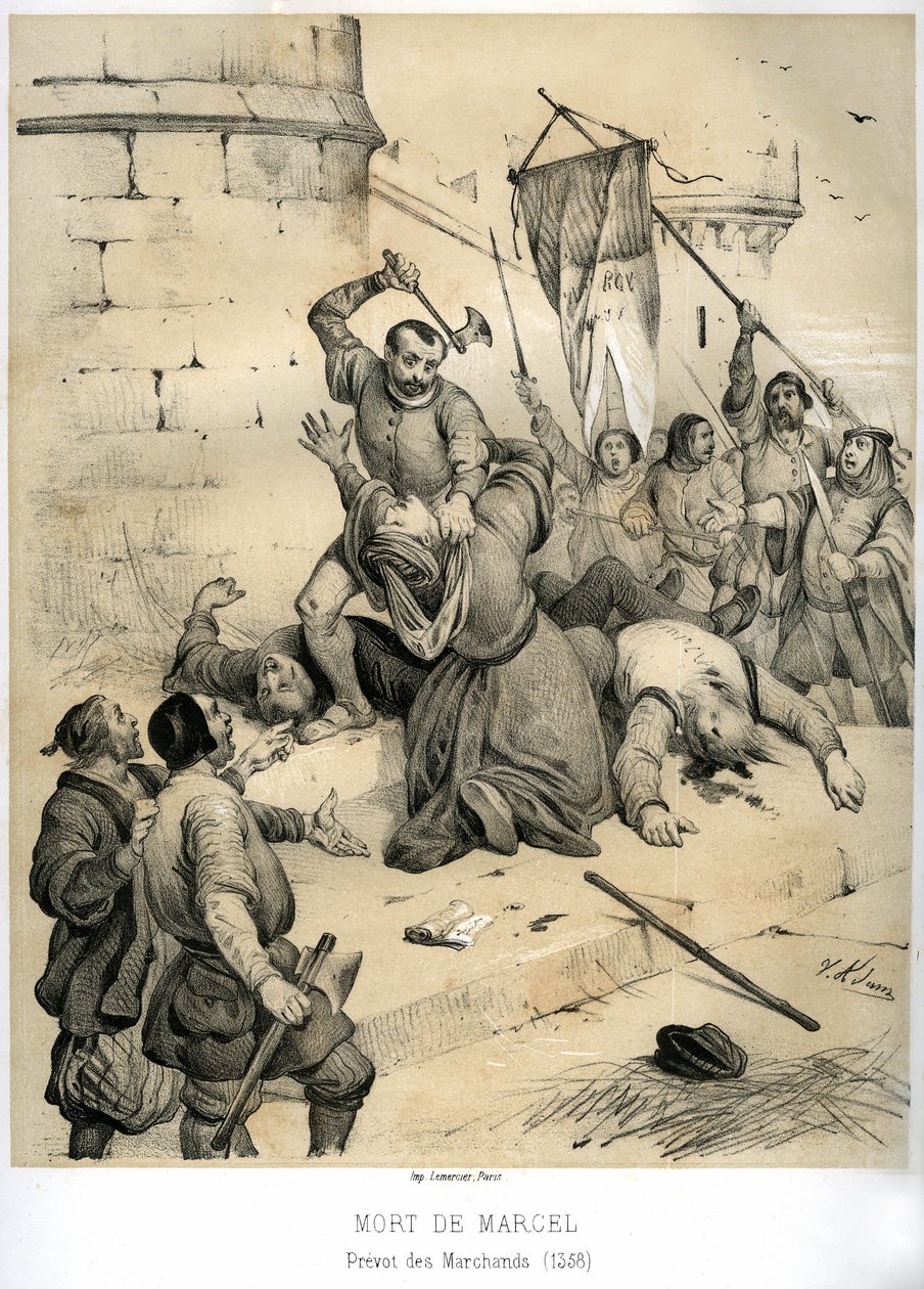 Zavraždění Etienna Marcela, bohatého kreslíře a kupeckého prevota (1316-1358), echovinem Jeanem Maillartem, jedním z vůdců roajalistické strany, v červenci 1358. Rytina od Victora Adama (1801-1866) v knize "Francie ve středověku" vydané v roce 1913. od Victor Adam
