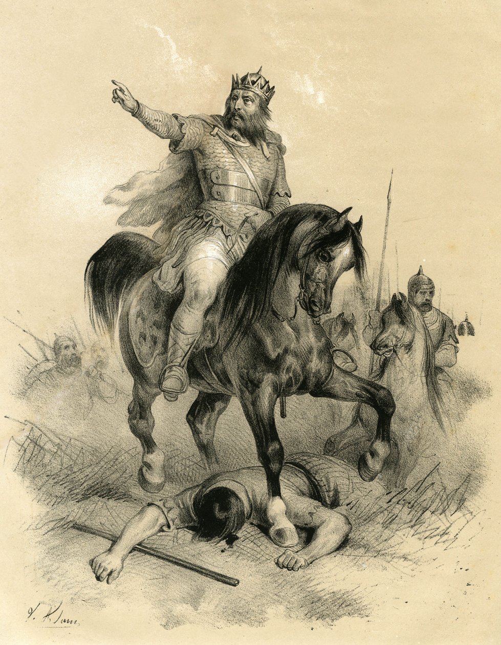 Attila (v. 395-453), jediný vůdce Hunů v roce 445, zpustošil říše Východu i Západu - Barbarské invaze - Rytina Victora Adama (1801-1866) v knize "Francie ve středověku" vydané bratry Ardantovými v polovině 19. století. od Victor Adam