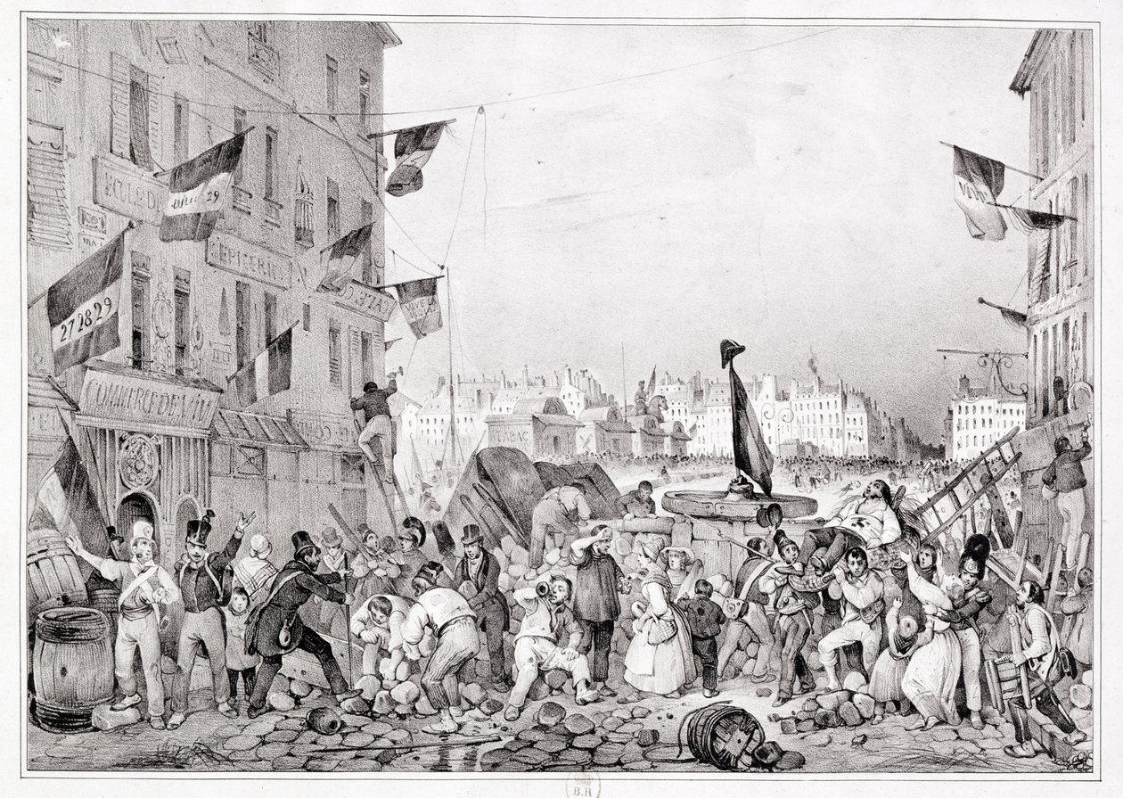 Barikáda v Rue Dauphine, 29. července 1830, vyryl H. Delaporte od Victor Adam