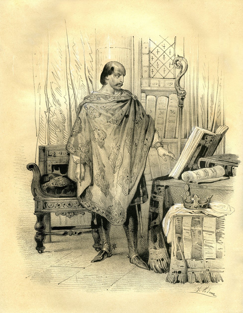 Karel 2 Holý (823-877) král Akvitánie (838), král Západní Francie (840), král Lotrinska a Burgundska (869), císař Západu (875). Rytina Victora Adama (1801-1866) v knize "Francie ve středověku" vydané nakladatelstvím Ardant. od Victor Adam