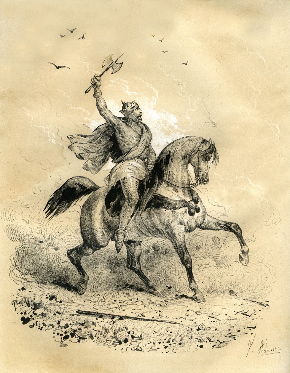 Karel Martel (688-741) zvítězil nad arabskými vojsky v Poitiers v roce 732. Rytina Victora Adama (1801-1866) v knize "Francie ve středověku" vydané bratry Ardantovými v polovině 19. století. od Victor Adam