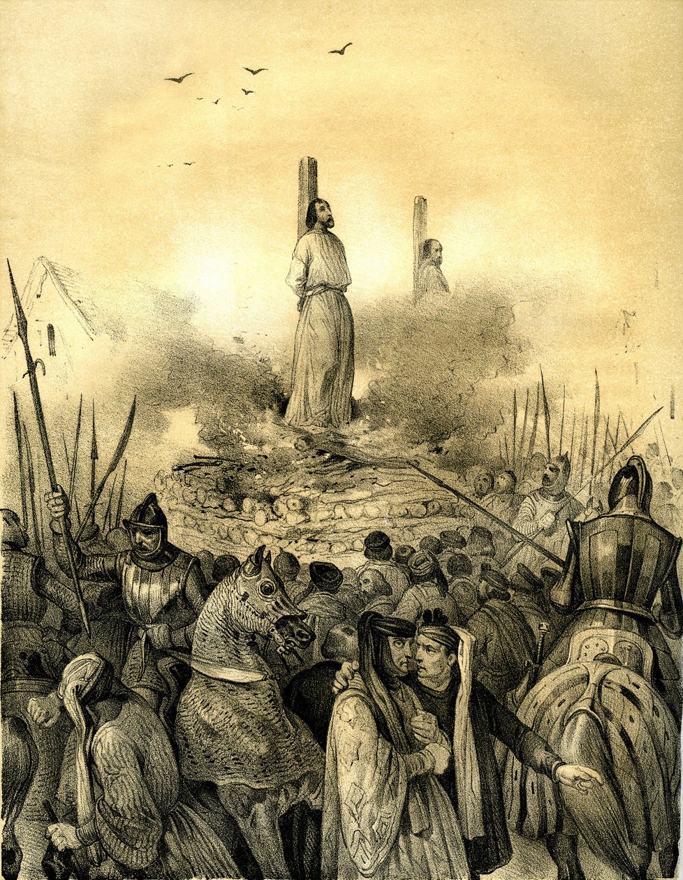 Smrt na řezníku Jacquese de Molay (Molai) (1243-1314), posledního velkého mistra templářského řádu (1298). Philippe le Bel ho nechal zatknout (1307), mučil ho a věznil, než ho zaživa upálil, spolu s velitelem Normandie Geoffroyem de Charn od Victor Adam