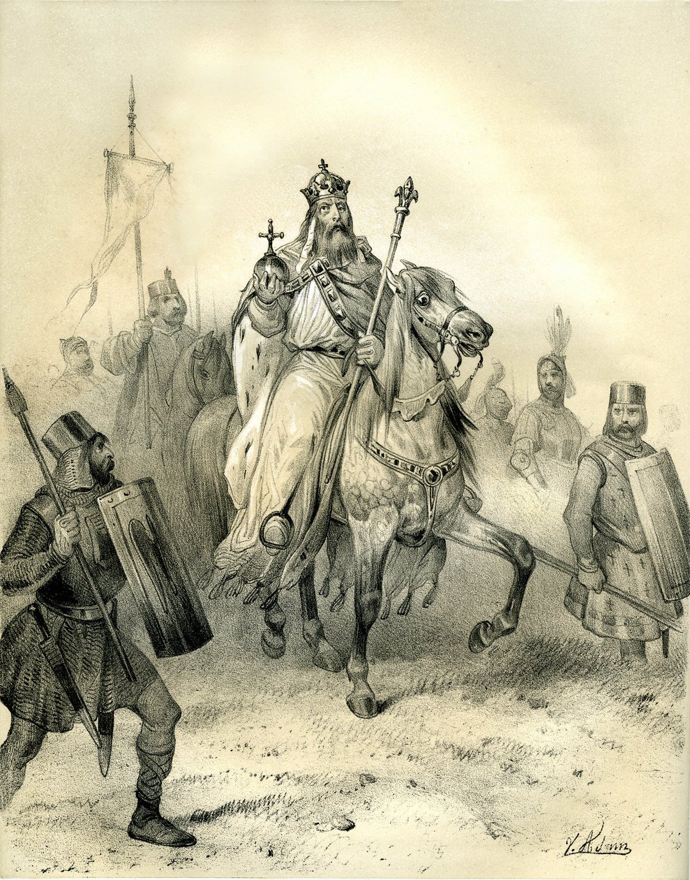 Císař Karel Veliký, nesoucí znaky moci, jede v čele svých vojáků v brnění. Rytina Victora Adama (1801-1866) v knize "Francie ve středověku" vydané bratry Ardantovými v polovině 19. století. od Victor Adam