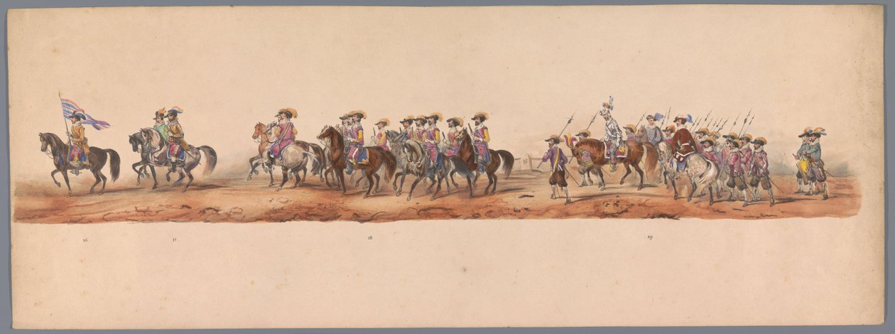 Historický průvod u druhého stého výročí Utrechtské univerzity aplikovaných věd, 1836 (deska 5) Přiblížení nizozemských armád k Ostende, 3. července 1600, den po vítězství u Nieuwpoortu; podle krojovaného znázornění udávaného H H Studentem od Victor Adam