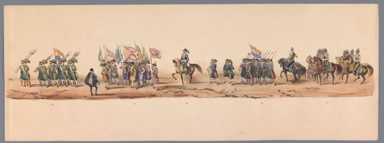 Historický průvod u druhého stého výročí Utrechtské univerzity aplikovaných věd, 1836 (deska 9) Přiblížení nizozemských armád k Ostende, 3. července 1600, den po vítězství u Nieuwpoortu; podle krojovaného znázornění udávaného H H Studentem od Victor Adam