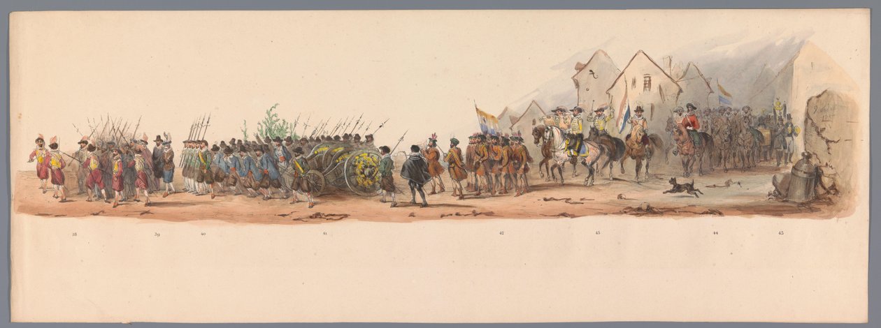 Historický průvod u druhého stého výročí Utrechtské univerzity aplikovaných věd, 1836 (deska 10) Přiblížení nizozemských armád k Ostende, 3. července 1600, den po vítězství u Nieuwpoortu; podle kostýmovaného podání v podání H H Studena od Victor Adam