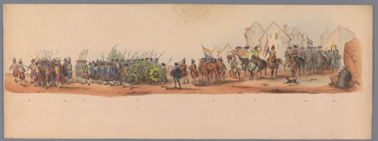 Historický průvod u druhého stého výročí Utrechtské univerzity aplikovaných věd, 1836 (deska 10) Přiblížení nizozemských armád k Ostende, 3. července 1600, den po vítězství u Nieuwpoortu; podle kostýmovaného podání v podání H H Studena od Victor Adam