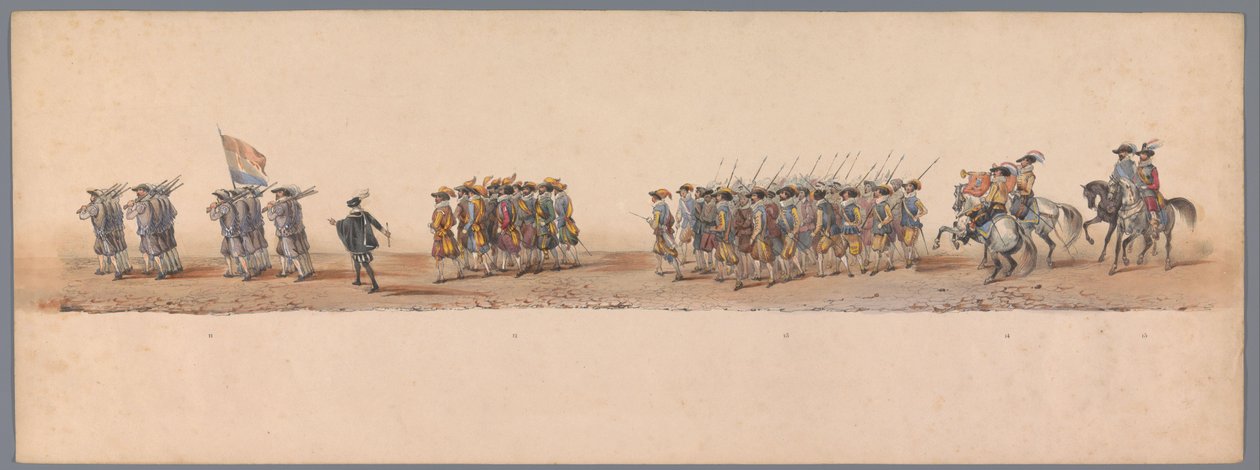 Historický průvod u druhého stého výročí Utrechtské univerzity aplikovaných věd, 1836 (deska 4) Přiblížení nizozemských armád k Ostende, 3. července 1600, den po vítězství u Nieuwpoortu; podle krojovaného znázornění udávaného H H Studentem od Victor Adam