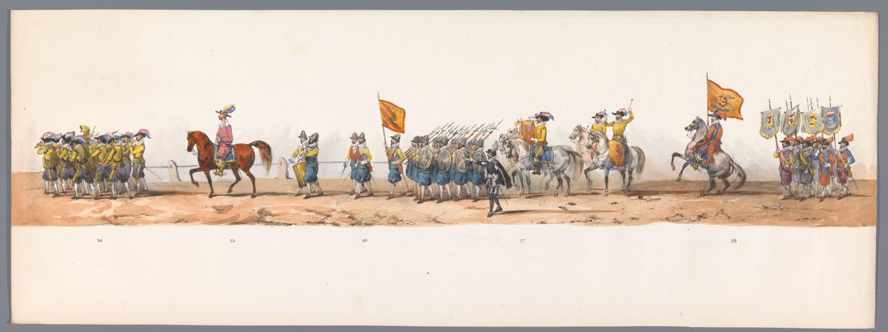 Historický průvod u druhého stého výročí Utrechtské univerzity aplikovaných věd, 1836 (deska 7) Přiblížení nizozemských armád k Ostende, 3. července 1600, den po vítězství u Nieuwpoortu; podle krojovaného znázornění udávaného H H Studentem od Victor Adam